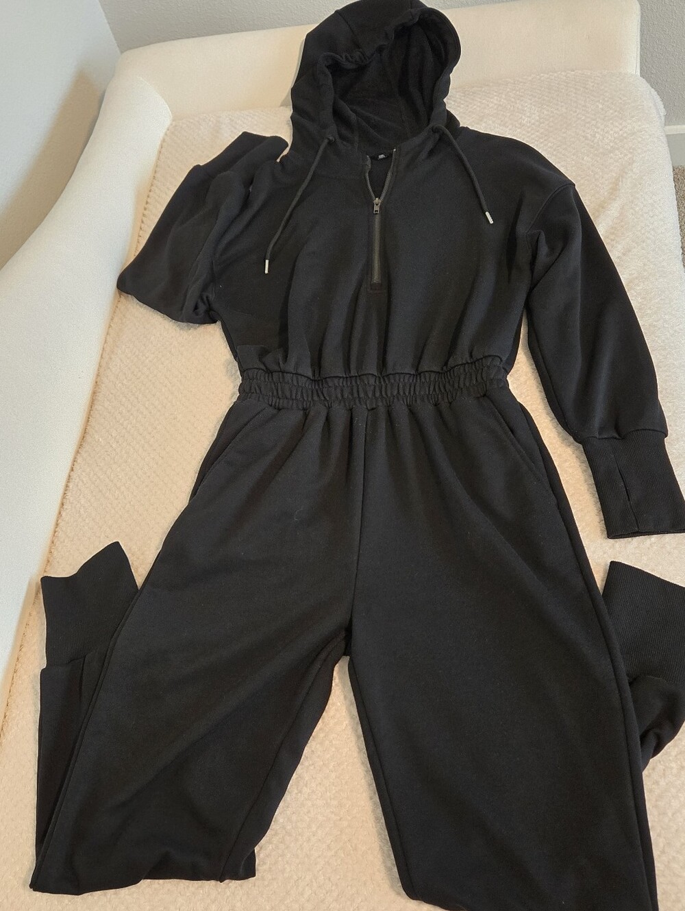 Black Hooded Women's Jumpsuit - Cozy Zipper Pullover Size Small